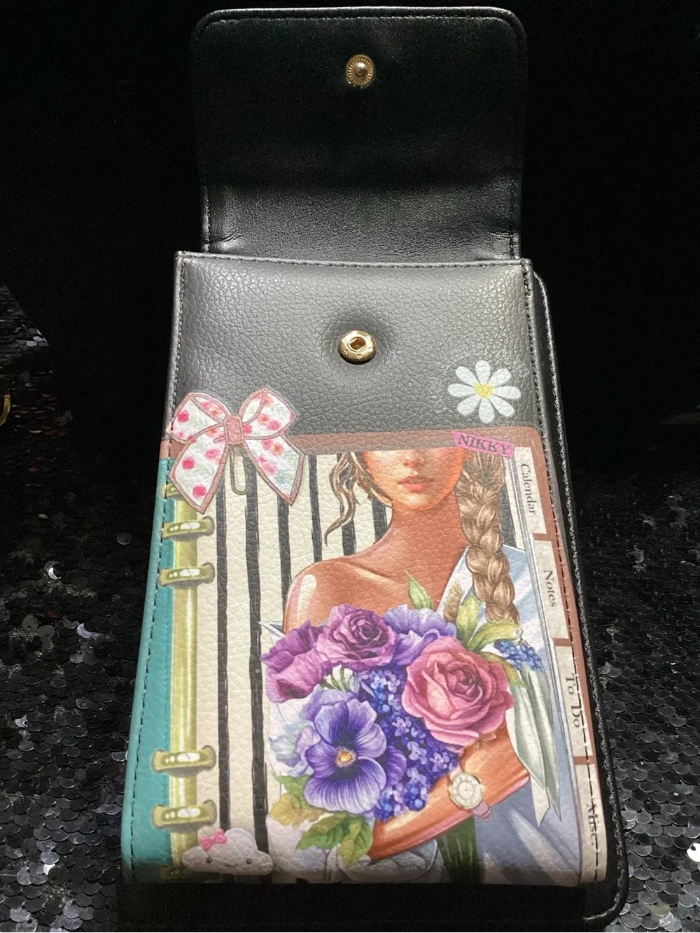 Nikky Floral Portrait Black & Pink Crossbody Wallet